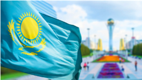 Kazakhstan flag with Bayterek tower